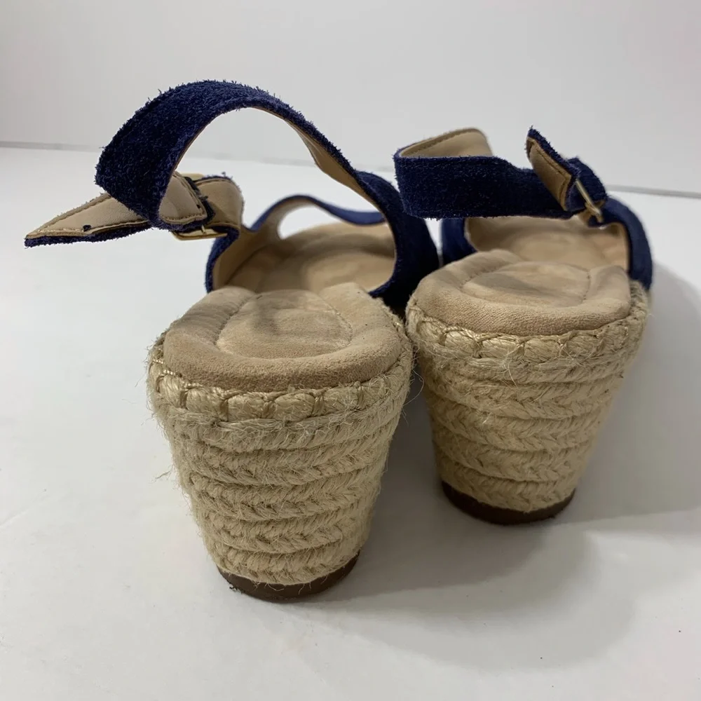 EUC Lands’ End Blue Suede Wedge Jute‎ Heel Sandals